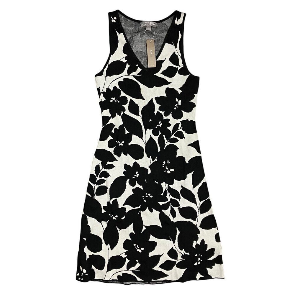 J Crew Dress WMNS S Black White Sleeveless Sweater Floral jacquard Back Cut Out